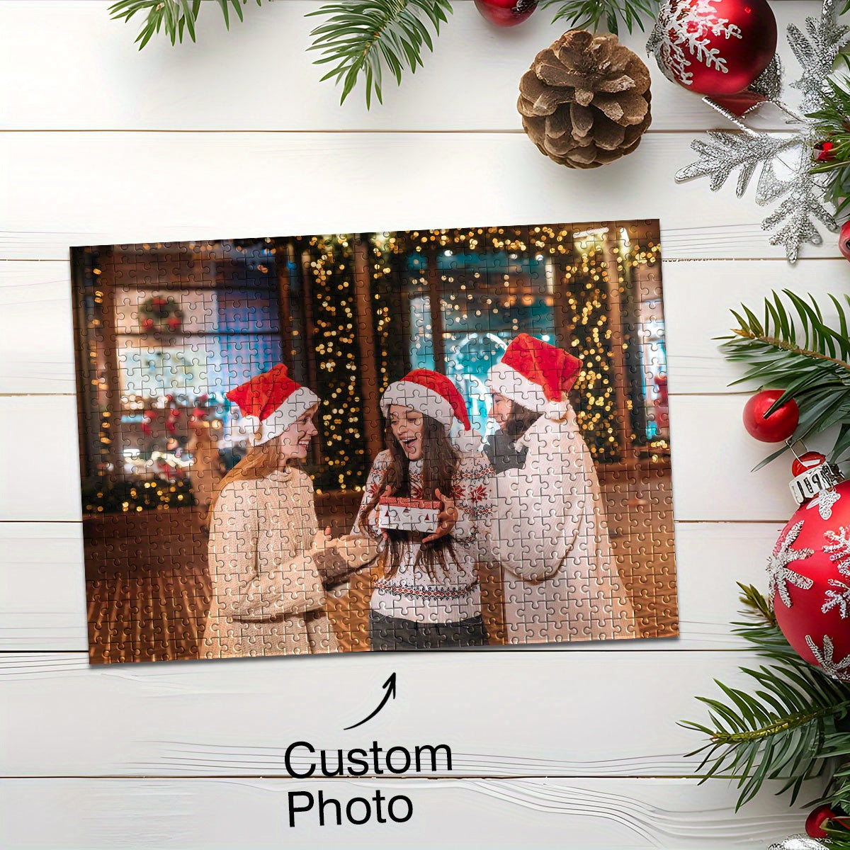 Custom Wooden Photo Puzzle Christmas Scene Santa Hats