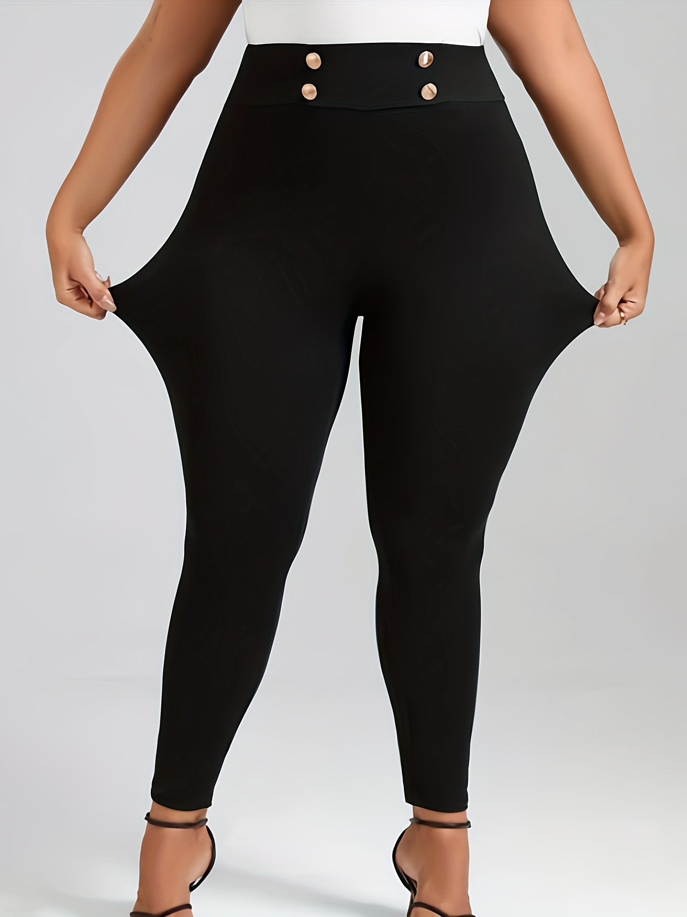  Solid Button High Rise Skinny Trousers