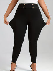  Solid Button High Rise Skinny Trousers