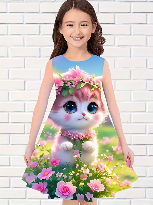 Girls Flower Cat Sleeveless Dress for Summer