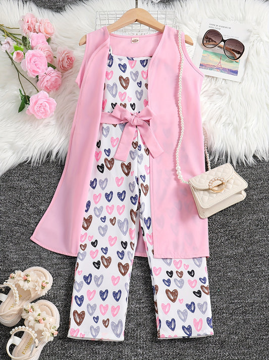Girls Cartoon Heart Graphic Jumpsuit & Outwear Set - Summer Holiday Party