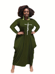 Women's Plus Cross Letter Print Maxi Dress With Pockets