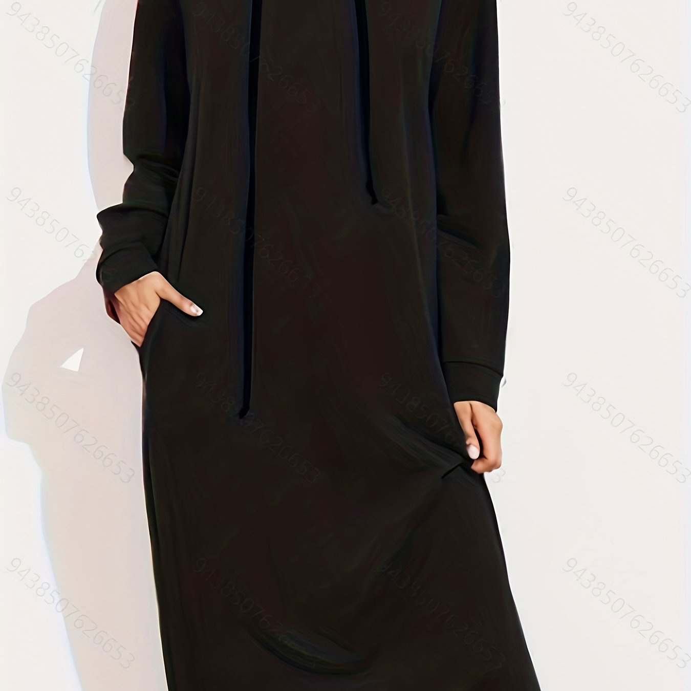  Solid Long Sleeve Drawstring Hooded Maxi Dress with Pockets