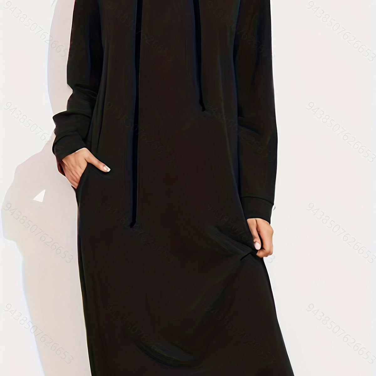  Solid Long Sleeve Drawstring Hooded Maxi Dress with Pockets