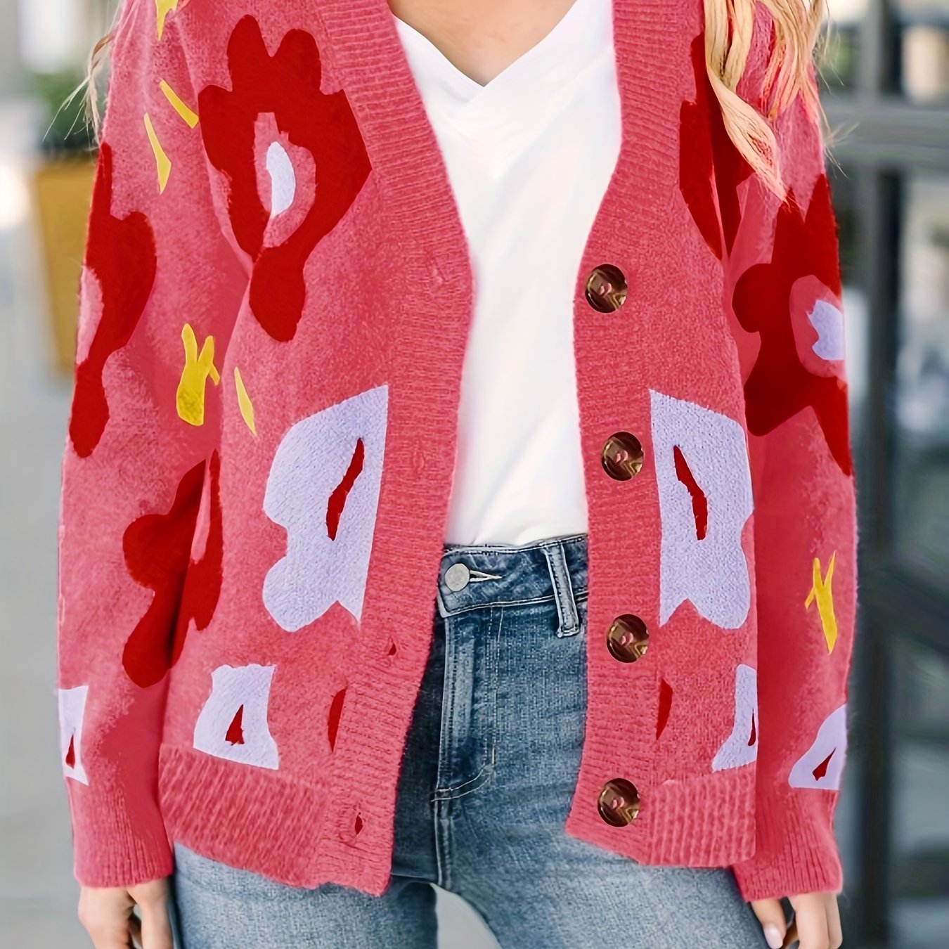  Floral Pattern Long Sleeve Button Up Cardigan