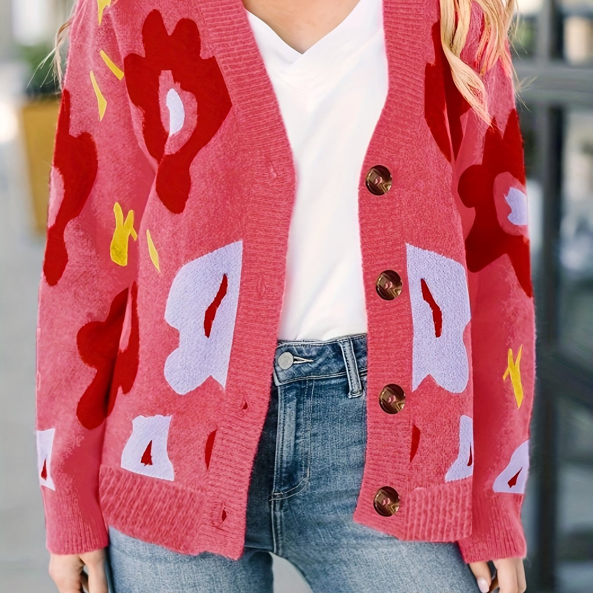  Floral Pattern Long Sleeve Button Up Cardigan