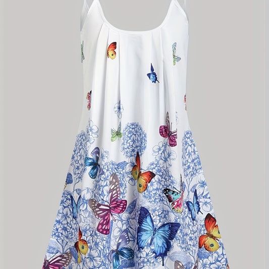  Women's Ruched Butterfly & Floral Print Cami Dress