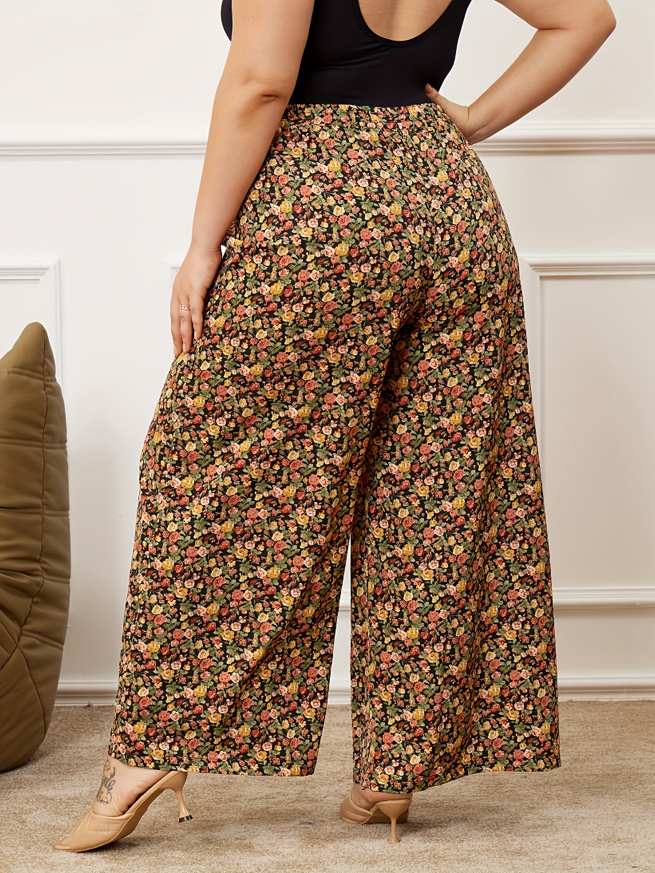 Women's Plus Size Floral Print High Rise Wide Leg Pants
