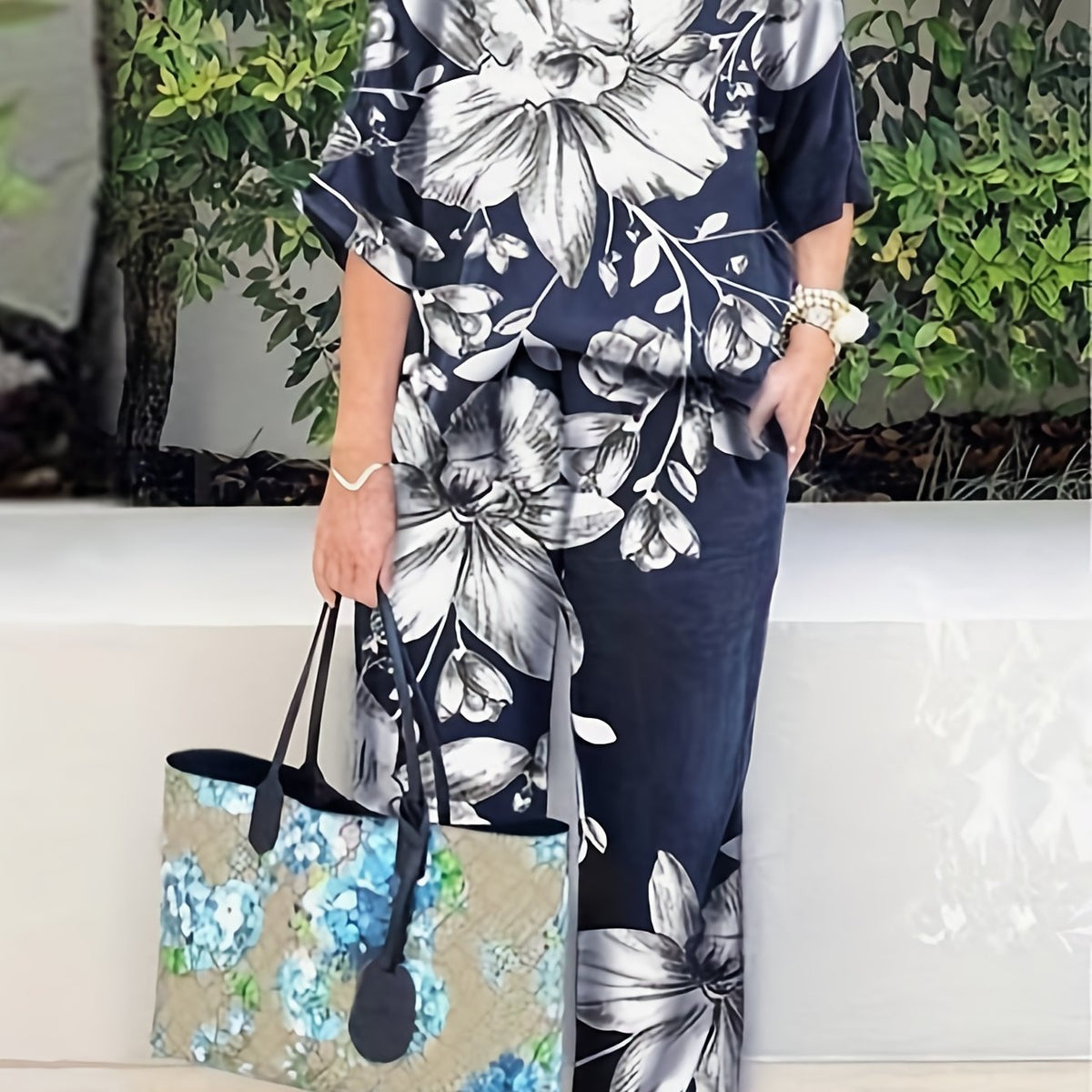  Floral Print Short Sleeve Tee & Wide Leg Pants Set