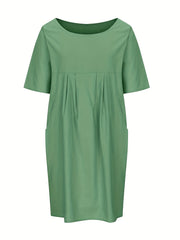  Solid Short Sleeve Round Neck Pleated Dress With Pockets
