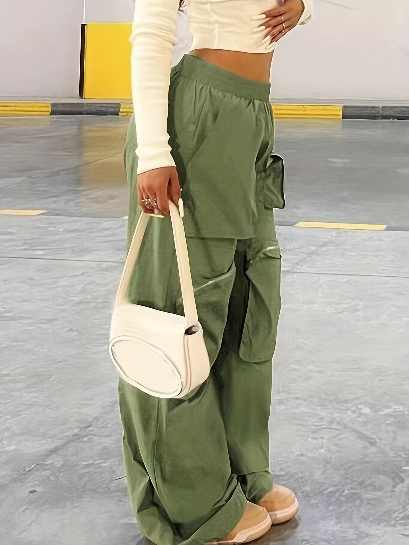  Solid High Rise Wide Leg Cargo Pants with Pockets