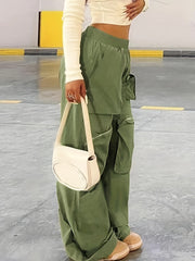  Solid High Rise Wide Leg Cargo Pants with Pockets