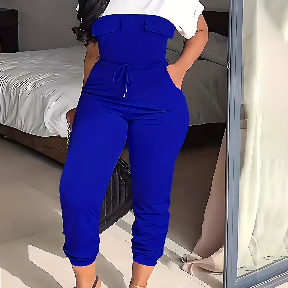  Colorblock Drawstring Jumpsuit with Pockets