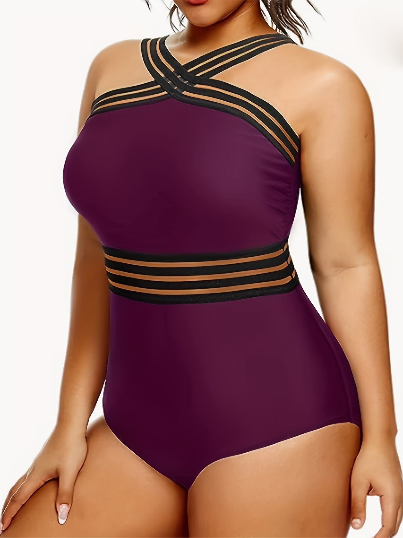 Plus Mesh Insert Halter One Piece Swimsuit