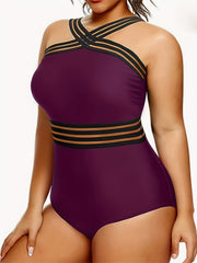 Plus Mesh Insert Halter One Piece Swimsuit