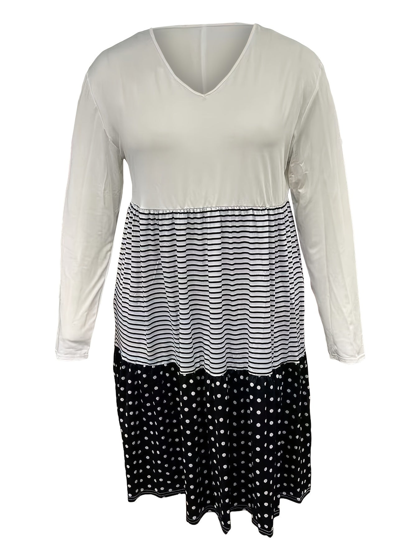 Women's Plus Stripe & Polka Dot Print V-Neck Long Sleeve Dress