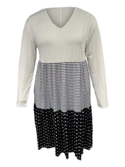 Women's Plus Stripe & Polka Dot Print V-Neck Long Sleeve Dress