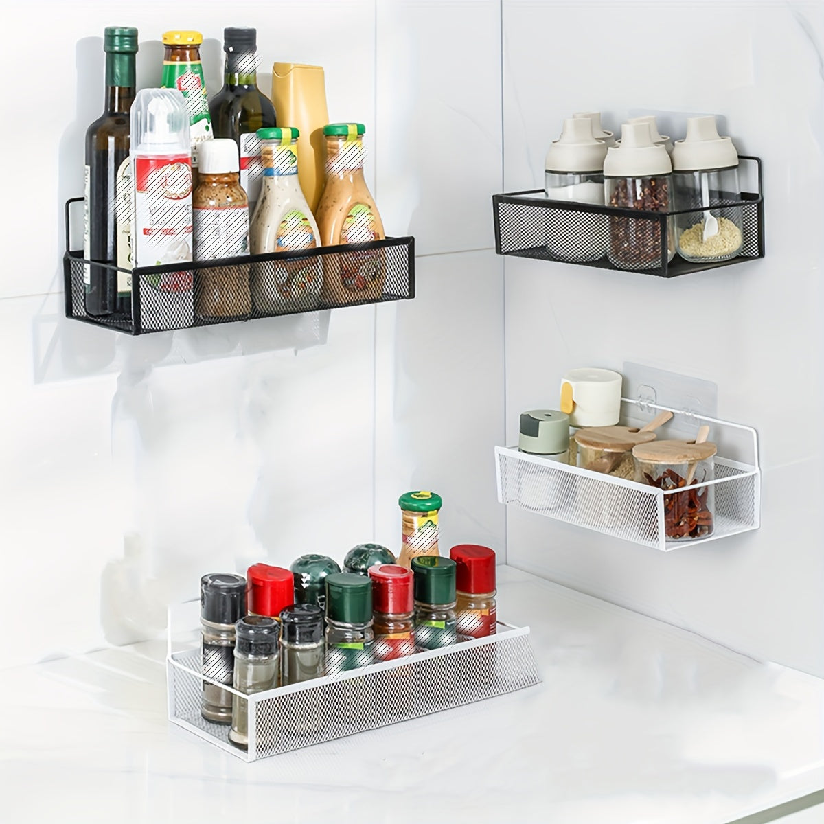 Wall-mounted Grid Storage Rack for Kitchen Supplies & Spices