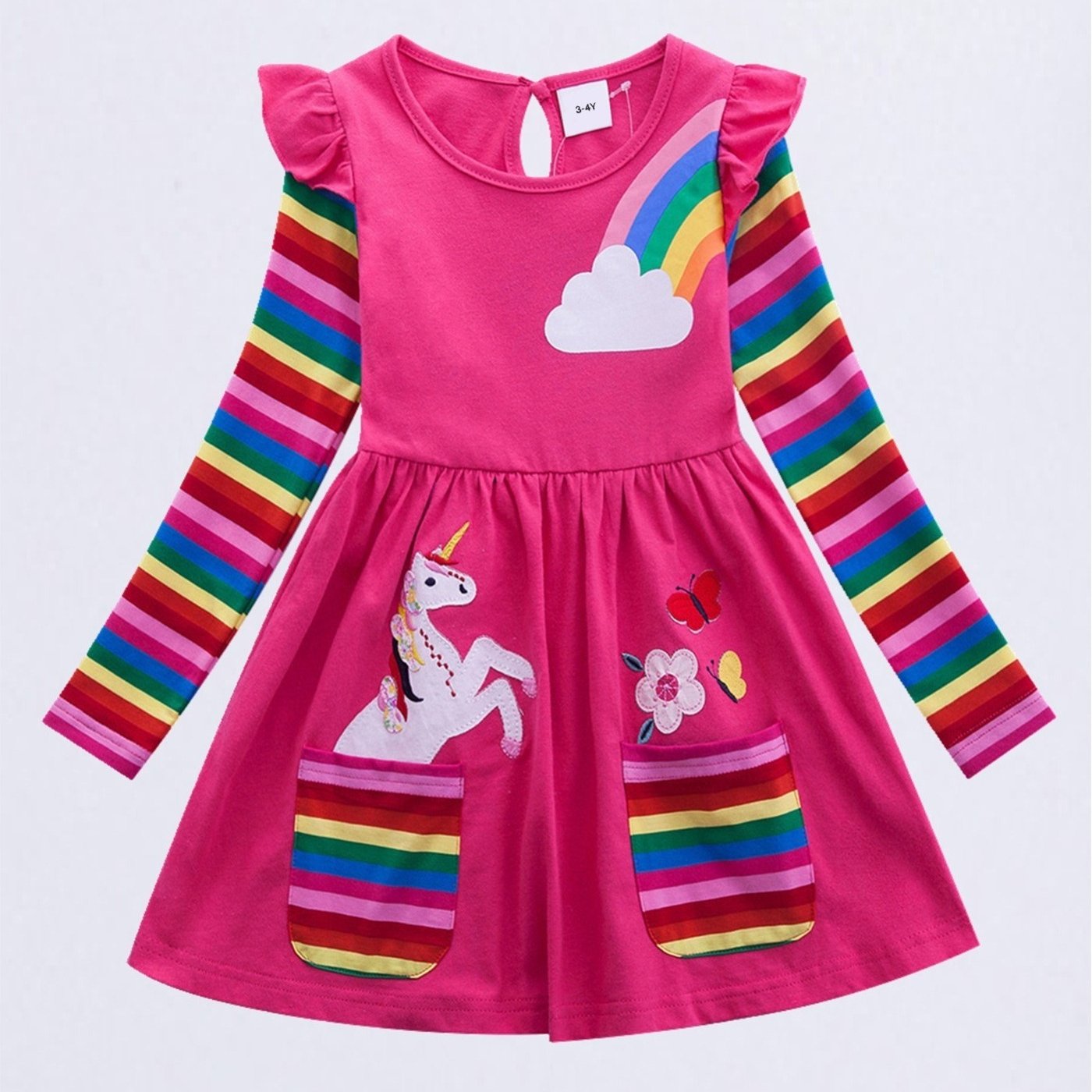 Girls Unicorn Embroidered Dress With Pockets