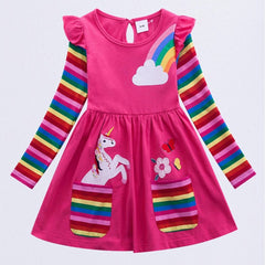 Girls Unicorn Embroidered Dress With Pockets