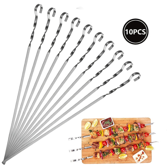 10pcs Stainless Steel BBQ Skewers for Outdoor Grilling & Camping