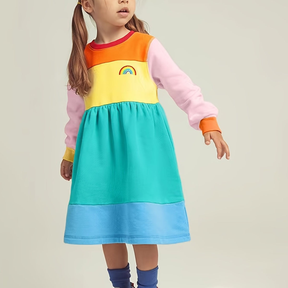 Girls Rainbow Block Long Sleeve Princess Dress
