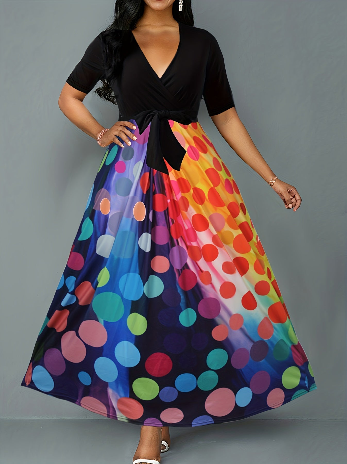  Colorblock Ombre Dot Print Maxi Dress