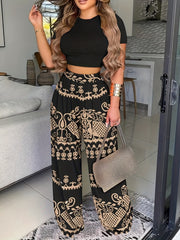 Boho 2pc Set Short Sleeve Crop Top & Wide Leg Pants Outfit