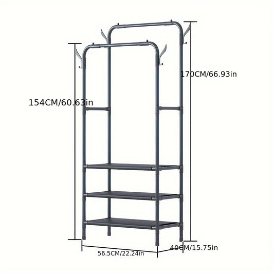 3-Layer Double Row Coat Rack with Shoe Rack & 4 Hooks