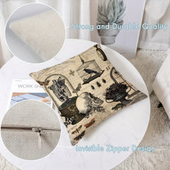 Halloween Linen Blend Pillow Case Skeleton Pumpkin Crow Square Cushion Cover