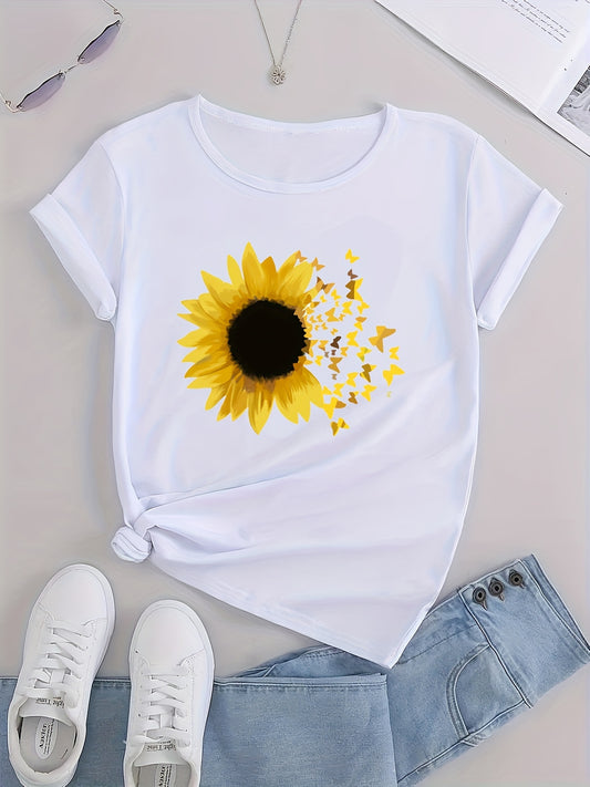 Sunflower Graphic Sports T-shirt Butterfly Print Casual Top