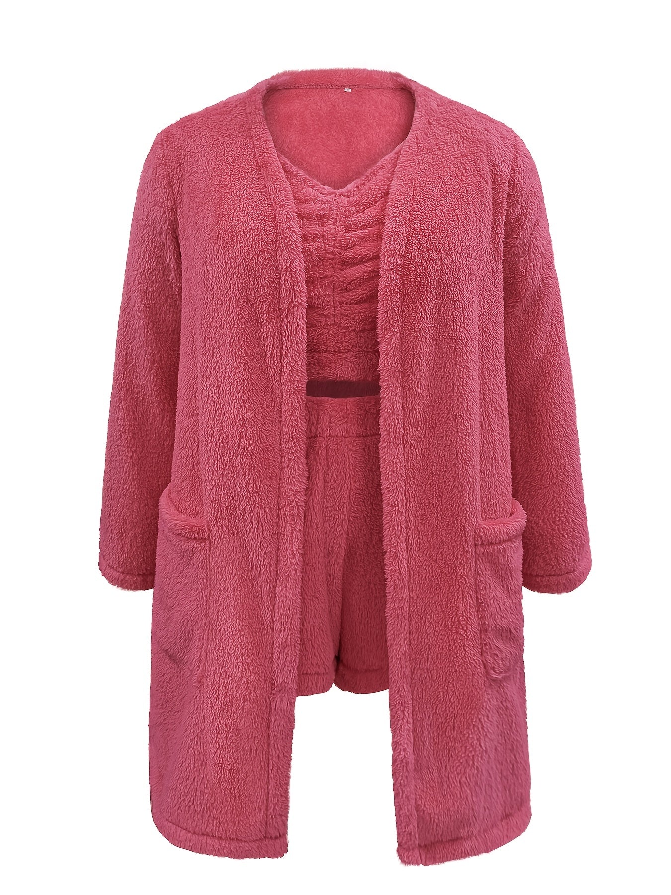  Solid Fuzzy Fleece Cardigan, Tank Top & Shorts Set