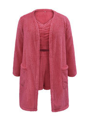  Solid Fuzzy Fleece Cardigan, Tank Top & Shorts Set