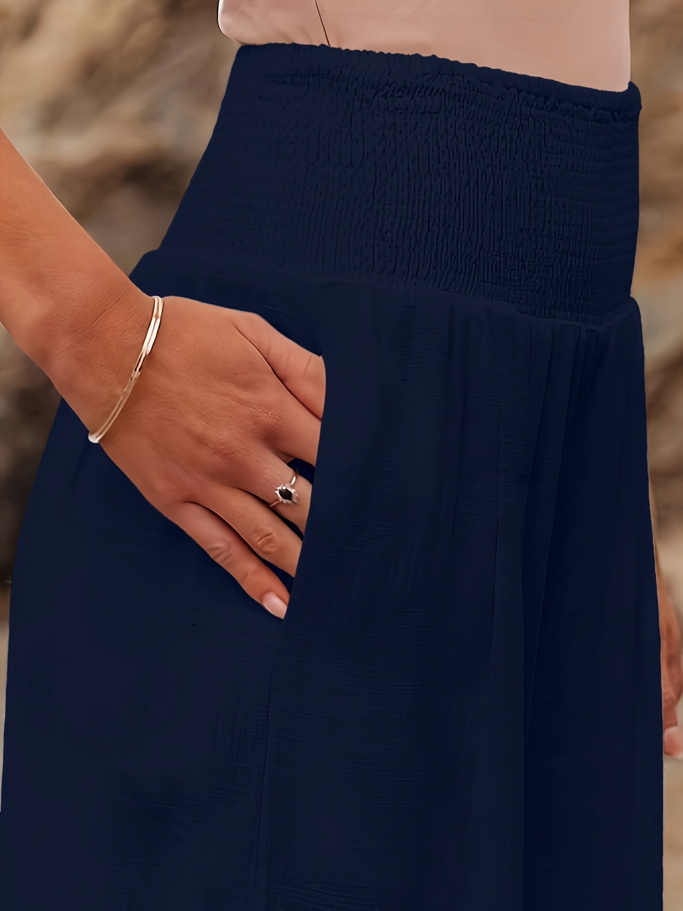  Solid Shirred Waist Wide Leg Trousers