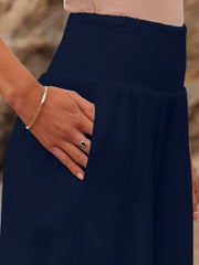  Solid Shirred Waist Wide Leg Trousers