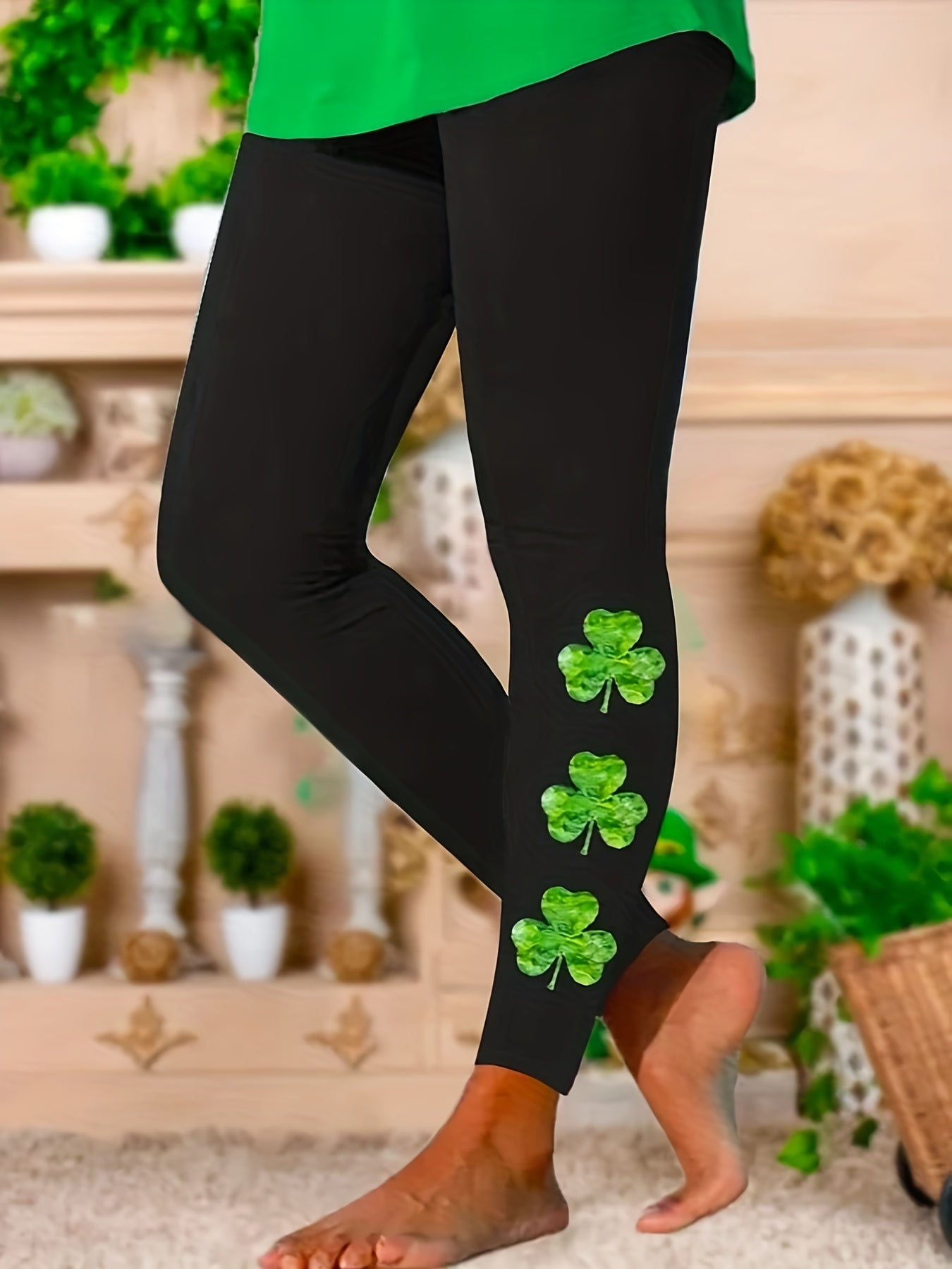 Shamrock Print Leggings Slim Casual Every Leggings Women's Clothing