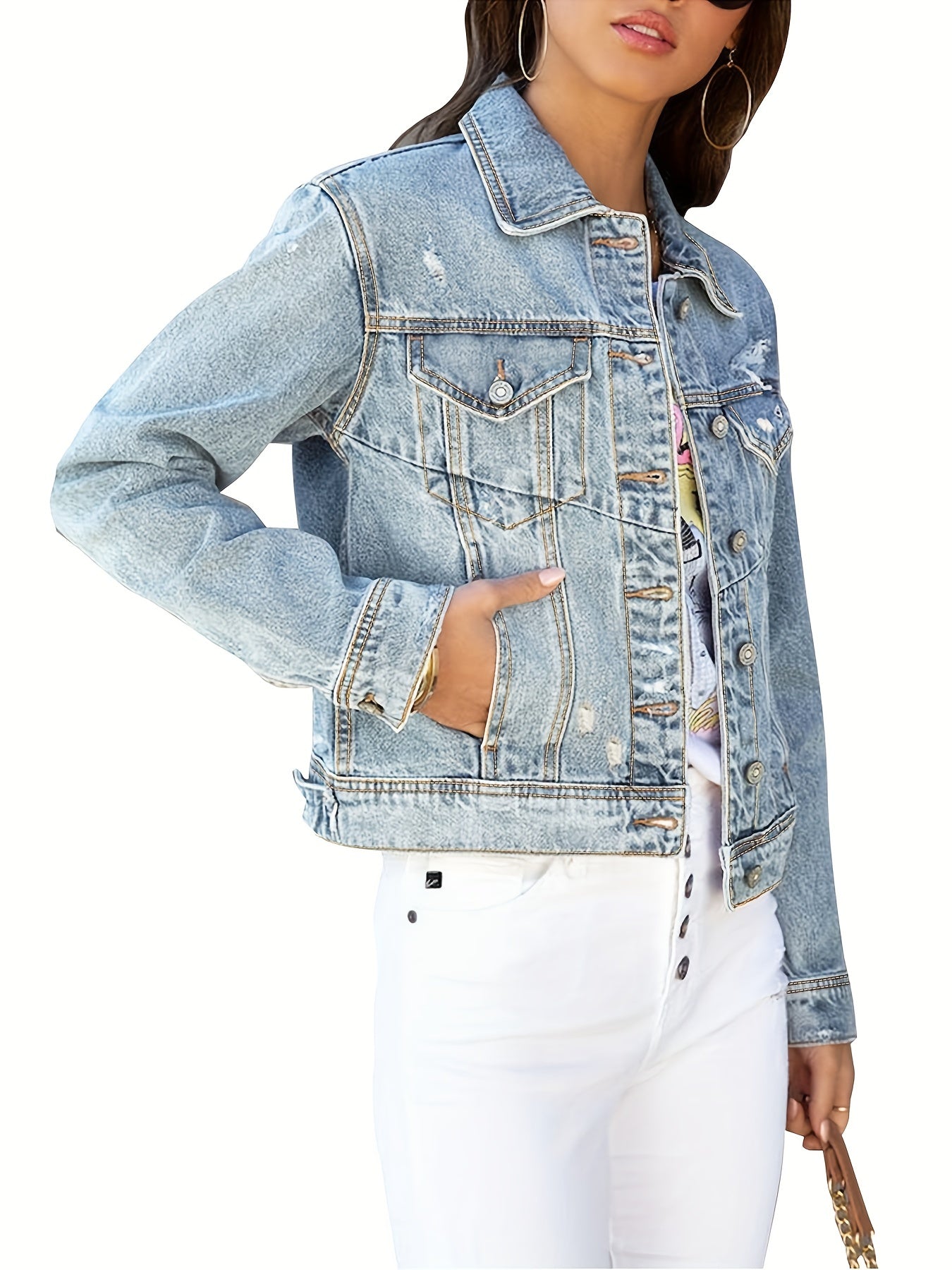 Flap Pockets Denim Jacket Long Sleeves Washed Lapel Coat