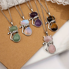 Cat Crystal Pendant Necklace Natural Quartz Stone Jewelry