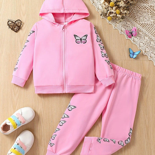 Girls 2pcs Hoodie Top & Sports Trousers Butterfly Print
