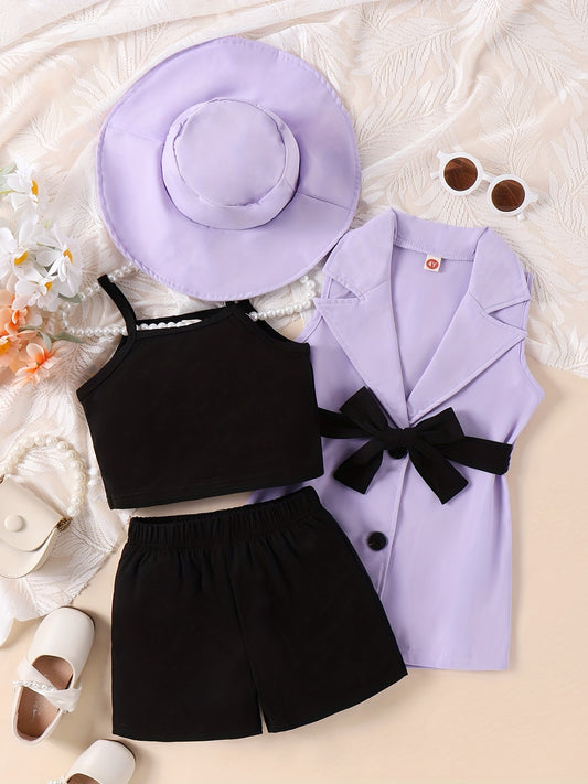 Girls Cami Top & Elastic Waist Shorts & Lapel Vest & Hat Set With Belt