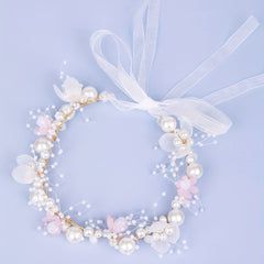 Girls Flower Headband with Faux Pearl Decoration for Wedding Party