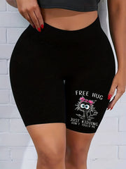 Cat Print High Rise Stretch Skinny Shorts