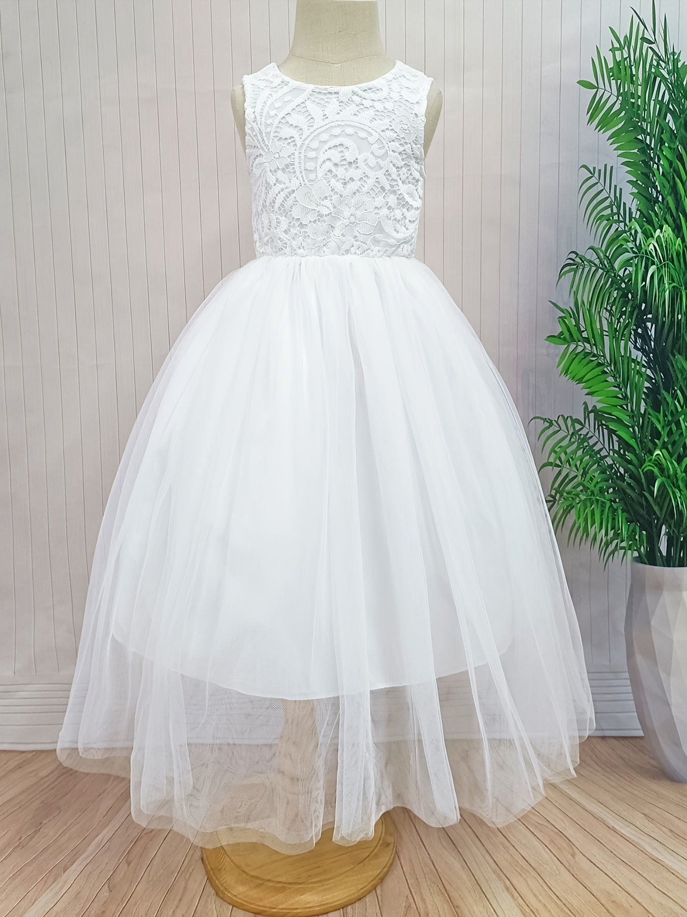 Girls Flower Lace Sleeveless Mesh Dress for Wedding Piano Performance