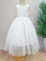 Girls Flower Lace Sleeveless Mesh Dress for Wedding Piano Performance