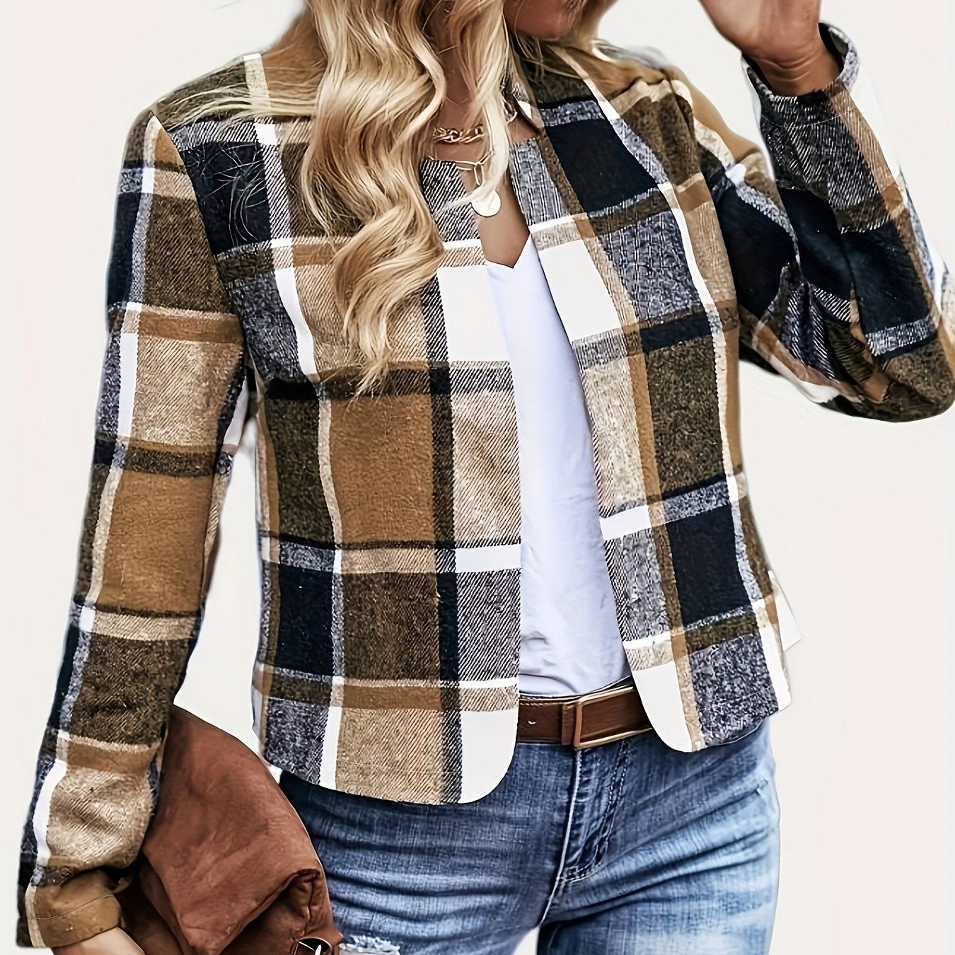  Plaid Print Long Sleeve Collar Blazer