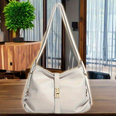 Cream Leather Shoulder Bag with Detachable Strap