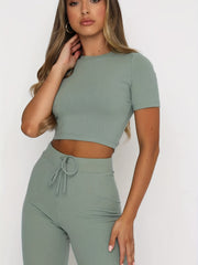 Casual Two Piece Set Crew Neck Short Sleeve Tops & Drawstring Wide Leg Pants