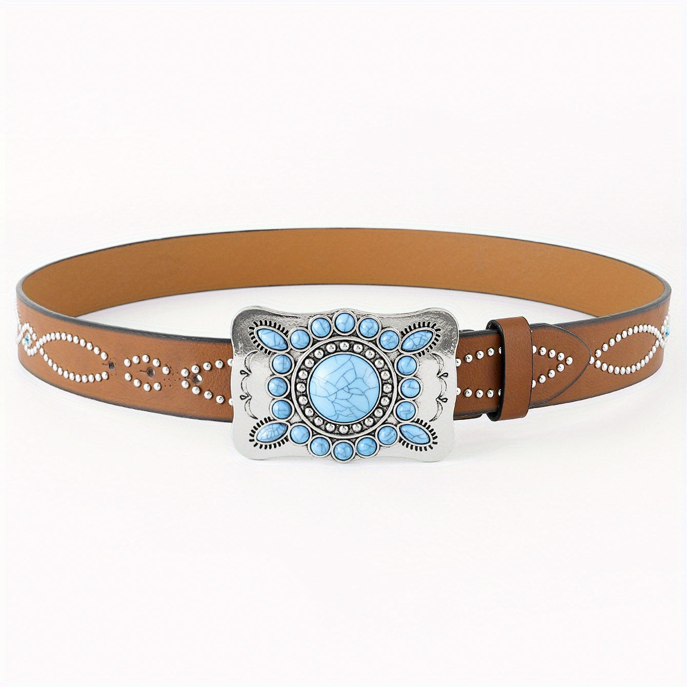 Boho Turquoise Belt Square Buckle Rhinestone Decor PU Belt