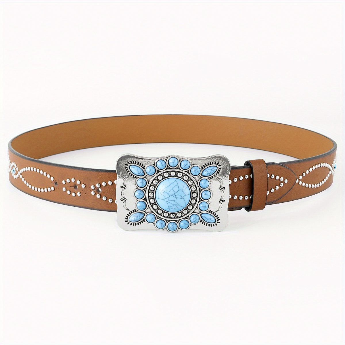 Boho Turquoise Belt Square Buckle Rhinestone Decor PU Belt