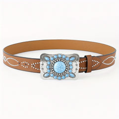 Boho Turquoise Belt Square Buckle Rhinestone Decor PU Belt
